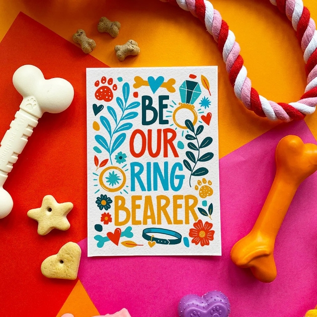 A wedding card surrounded by dog treats and toys