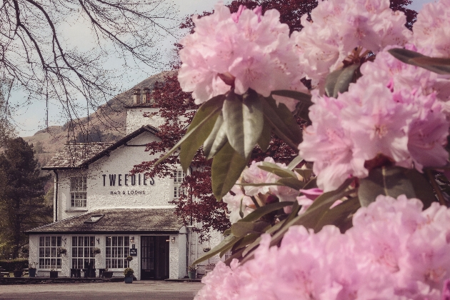 The exterior of a white building with a grey roof with pink flowers in front of it